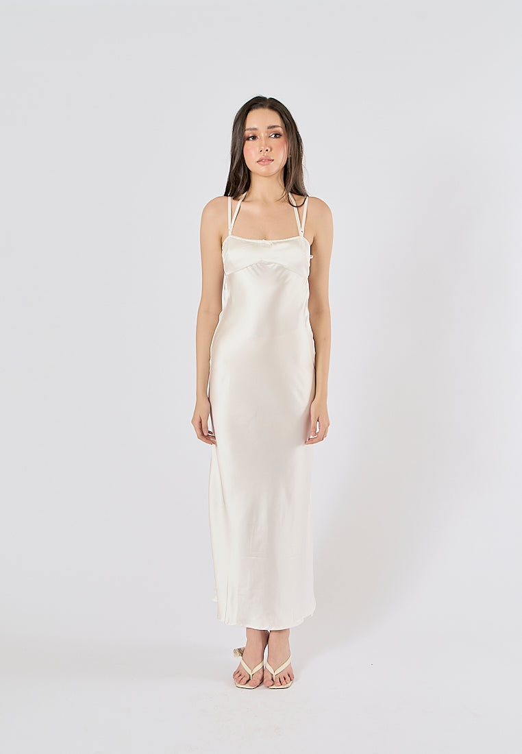 Bristley Beige Back Hollow Out  Silky Midi Dress