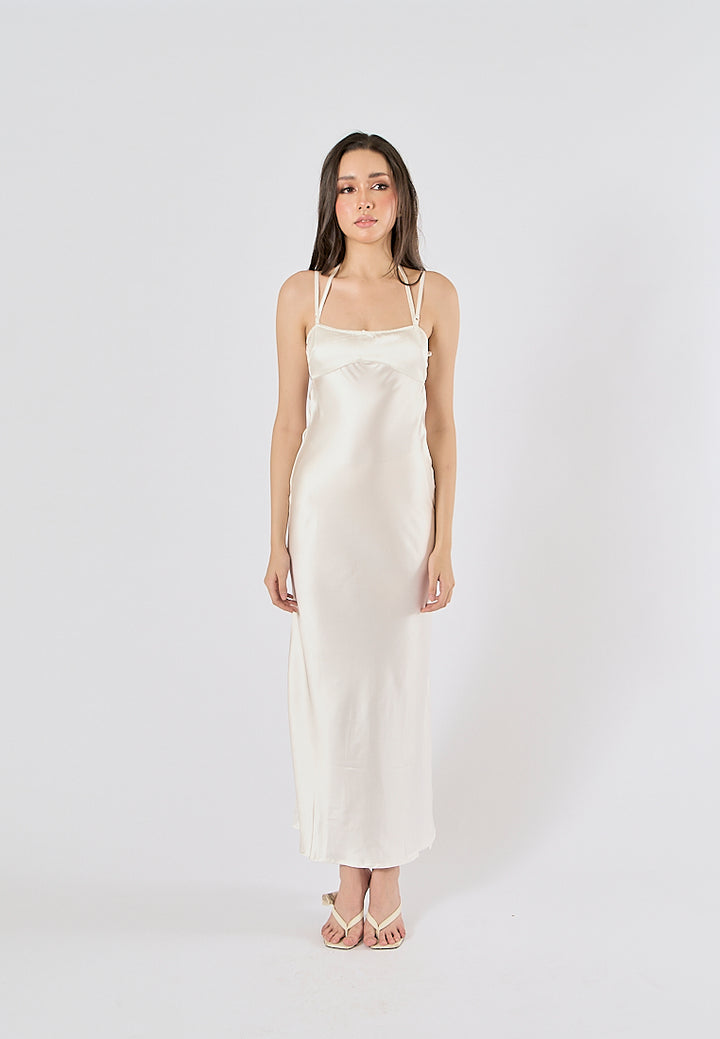 Bristley Beige Back Hollow Out  Silky Midi Dress