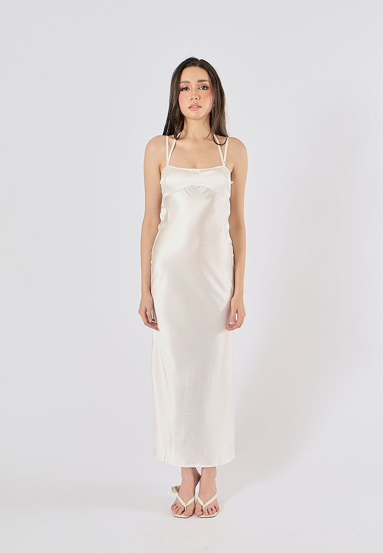 Bristley Beige Back Hollow Out  Silky Midi Dress