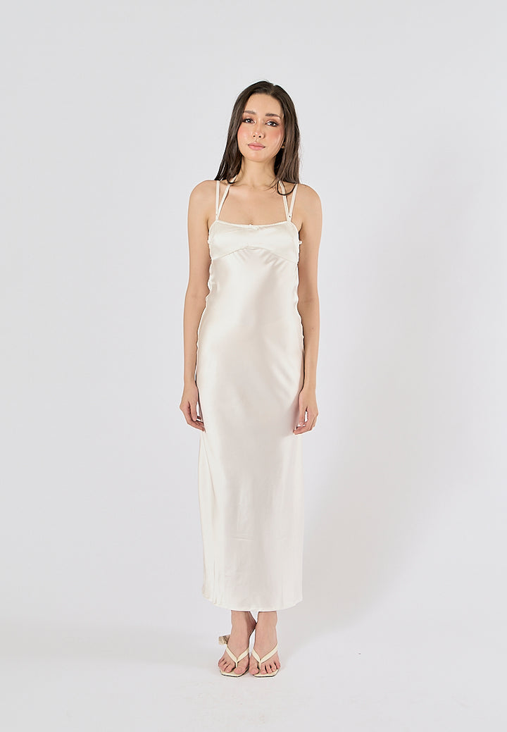 Bristley Beige Back Hollow Out  Silky Midi Dress