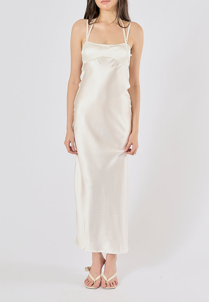 Bristley Beige Back Hollow Out  Silky Midi Dress
