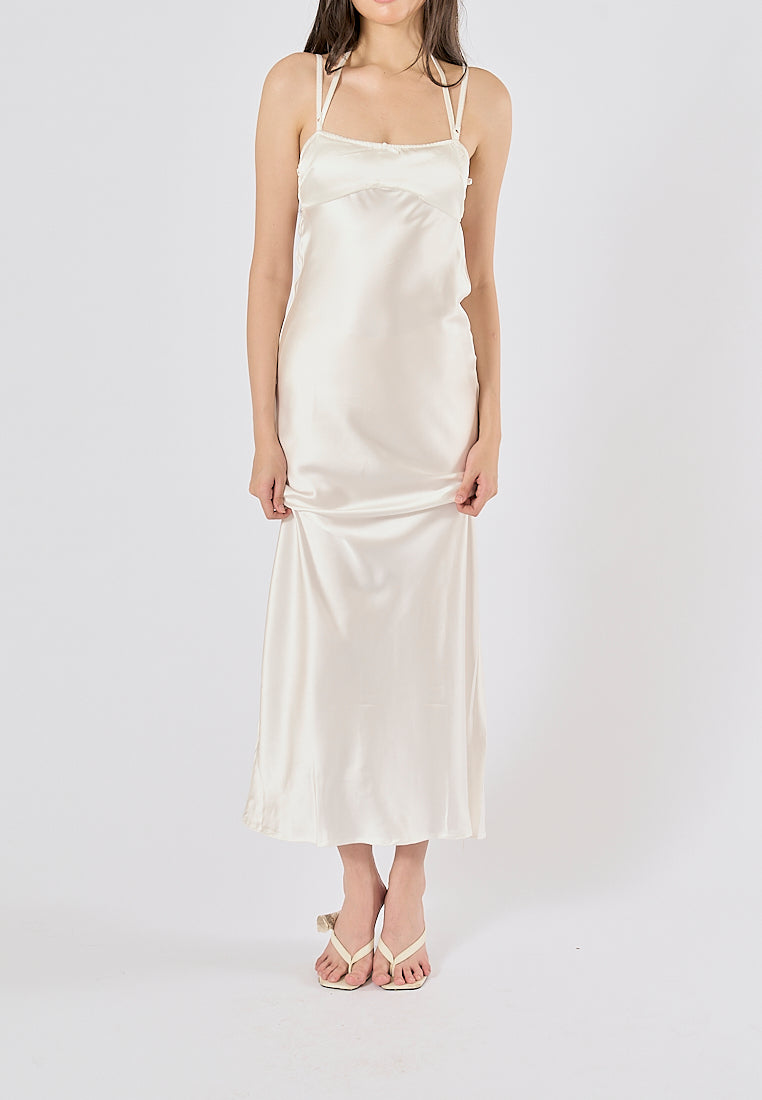 Bristley Beige Back Hollow Out  Silky Midi Dress