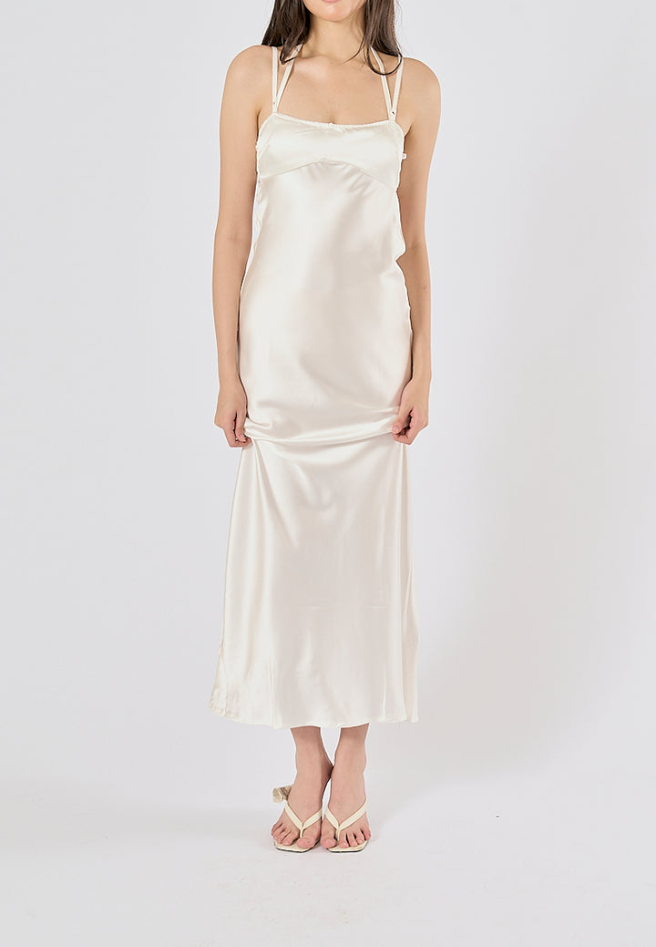 Bristley Beige Back Hollow Out  Silky Midi Dress