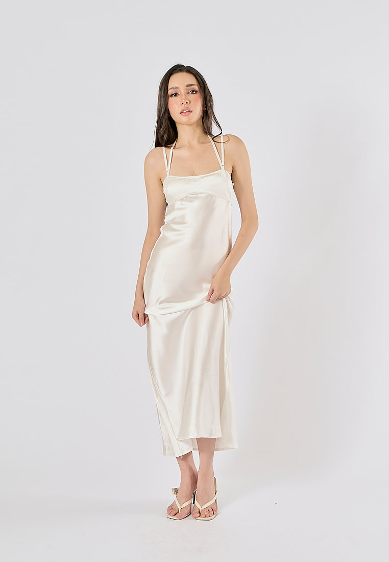 Bristley Beige Back Hollow Out  Silky Midi Dress