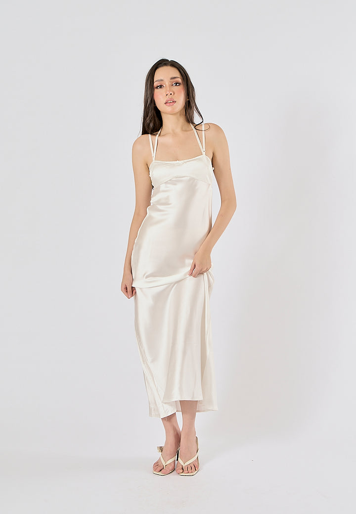 Bristley Beige Back Hollow Out  Silky Midi Dress