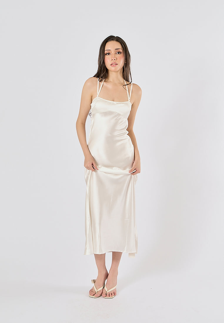 Bristley Beige Back Hollow Out  Silky Midi Dress