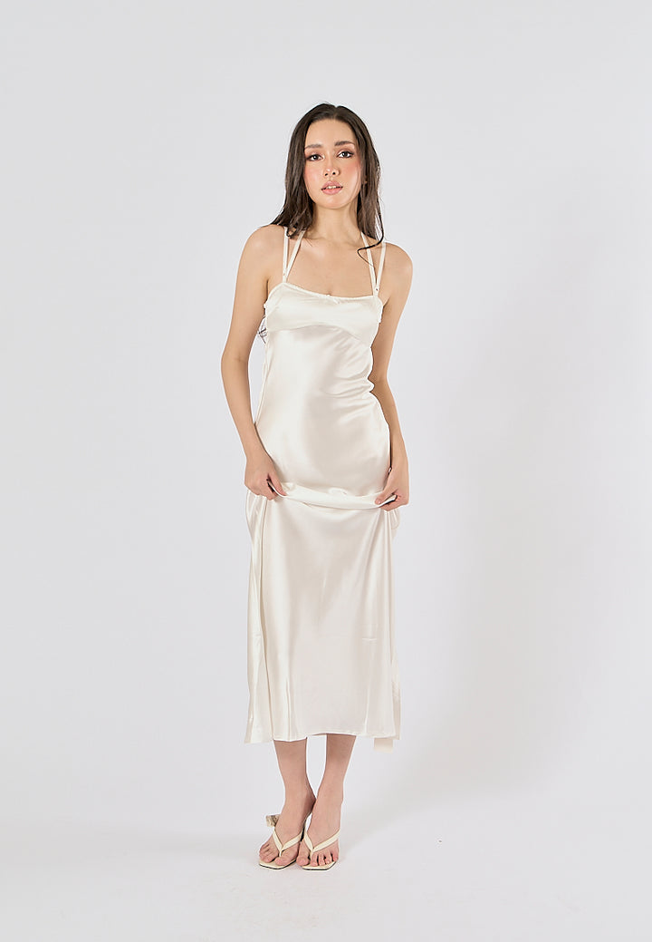 Bristley Beige Back Hollow Out  Silky Midi Dress