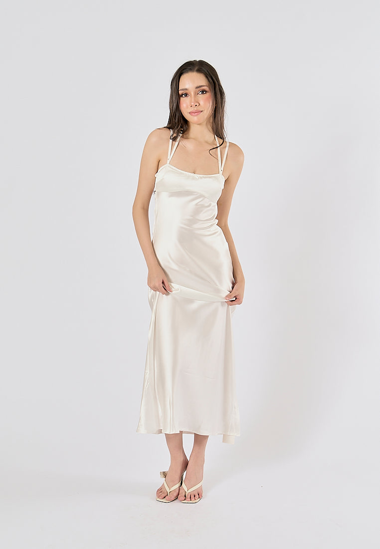 Bristley Beige Back Hollow Out  Silky Midi Dress