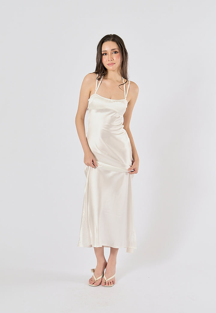 Bristley Beige Back Hollow Out  Silky Midi Dress