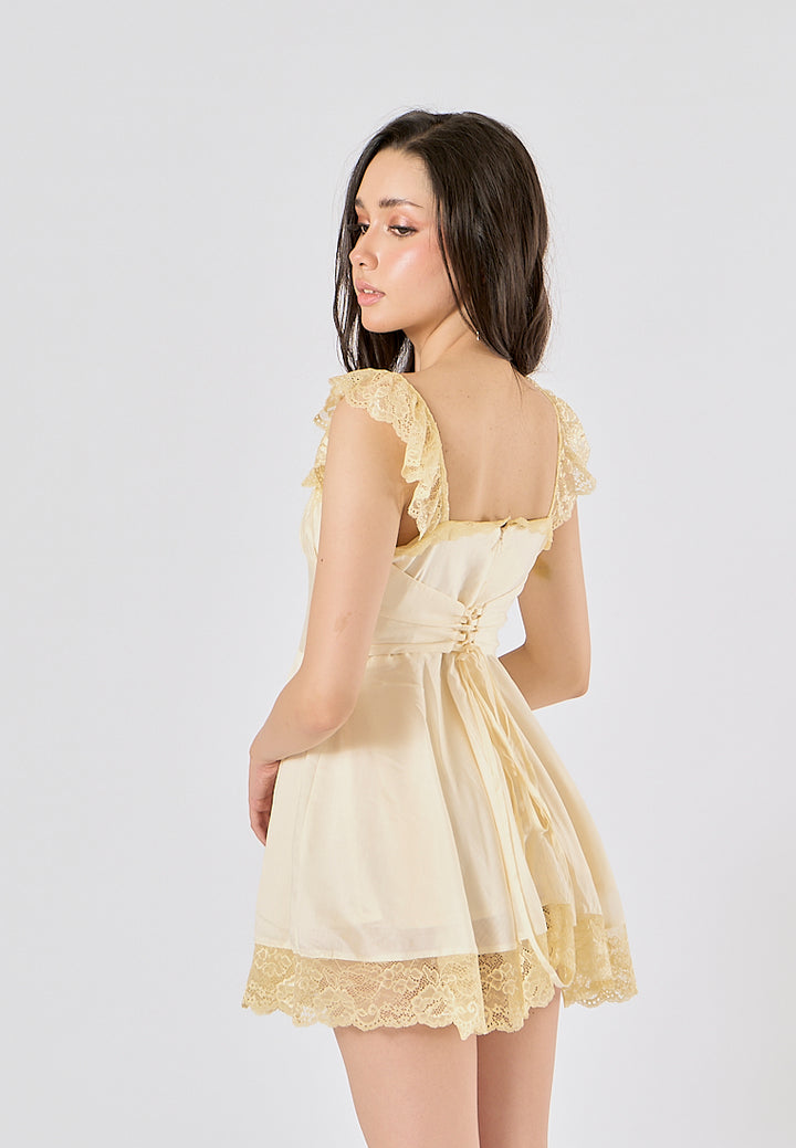 Jasper Light Yellow Square Neck Sleeveless Lace Mini Dress