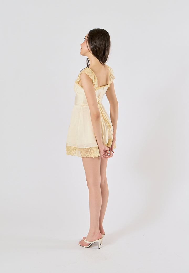Jasper Light Yellow Square Neck Sleeveless Lace Mini Dress