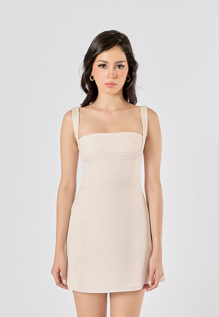 Nikkola Beige Square Neck Shoulder Strap Sleeveless Mini Dress