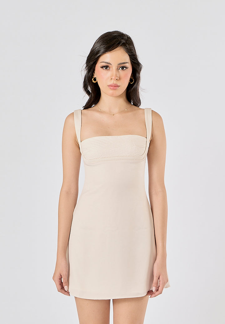 Nikkola Beige Square Neck Shoulder Strap Sleeveless Mini Dress