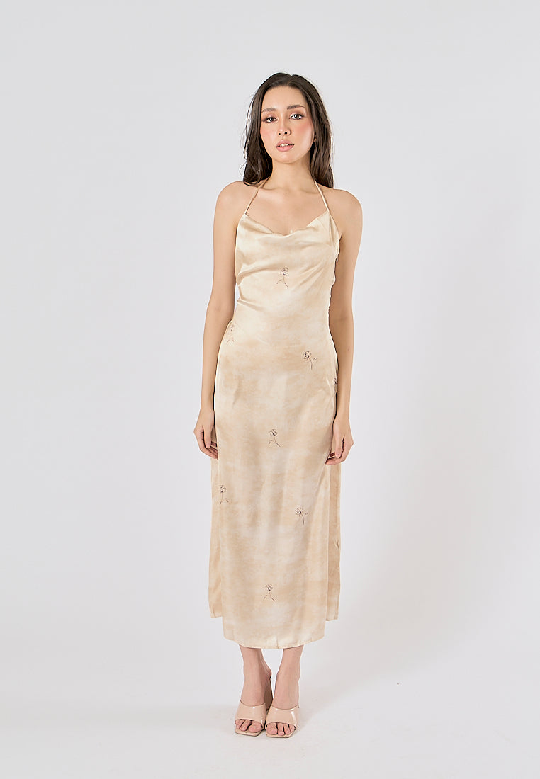 Fiore Beige Floral Print Back hollow Halter Long Dress