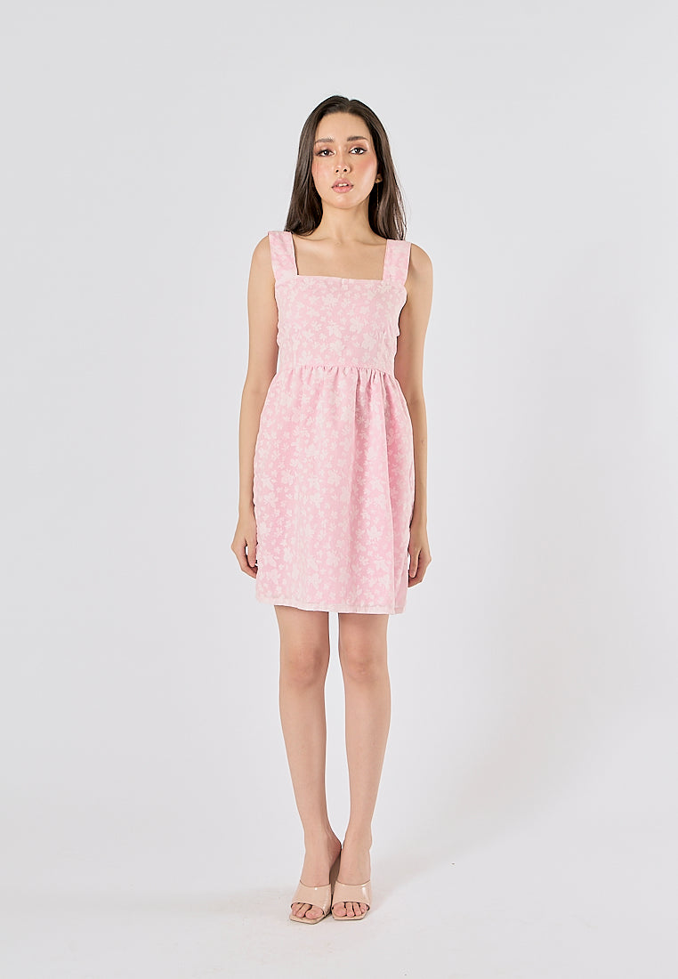 Velour Blush Pink Floral Print Square Neck Mini Dress