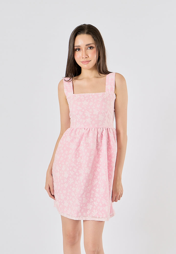 Velour Blush Pink Floral Print Square Neck Mini Dress