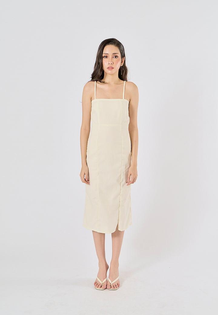 Fava Pastel Yellow Square Neck Thin Strap Midi Dress