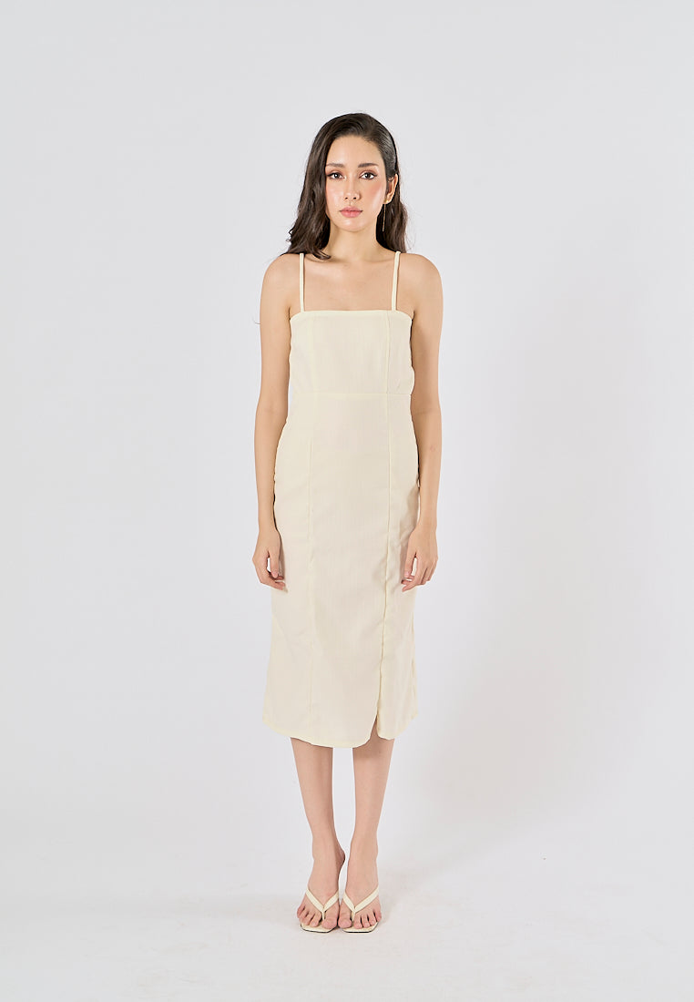 Fava Pastel Yellow Square Neck Thin Strap Midi Dress