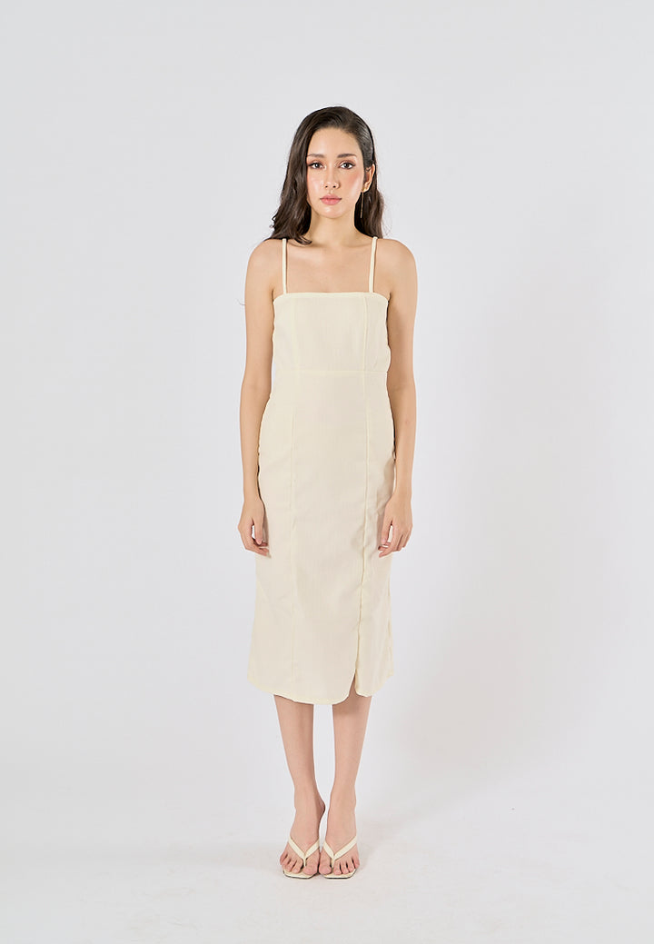 Fava Pastel Yellow Square Neck Thin Strap Midi Dress