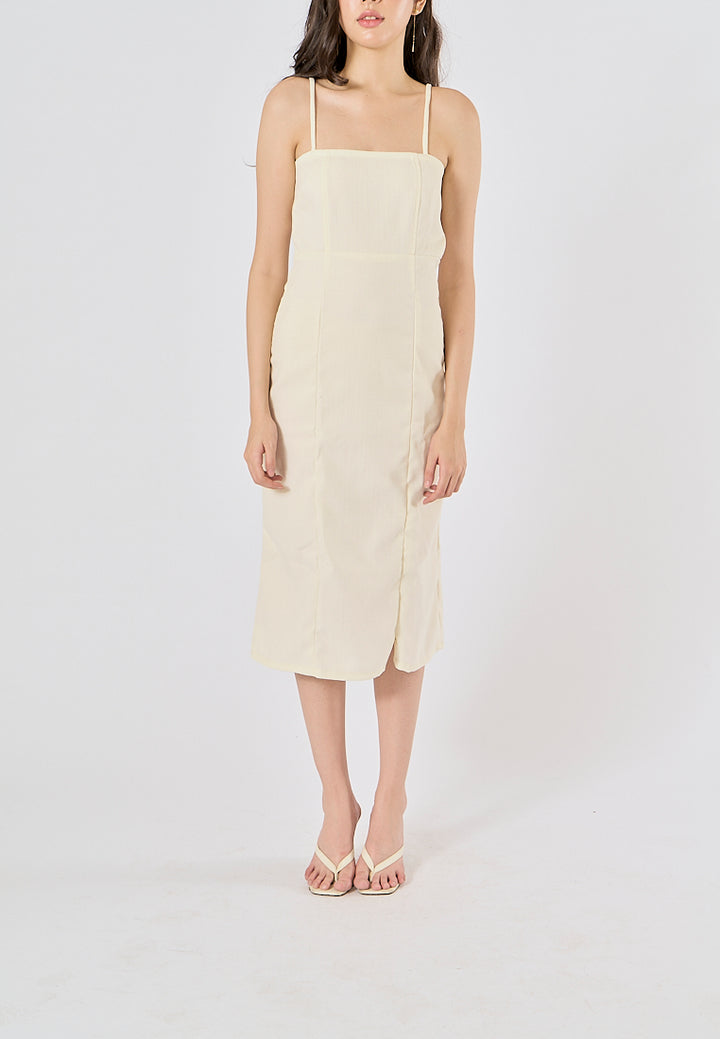 Fava Pastel Yellow Square Neck Thin Strap Midi Dress