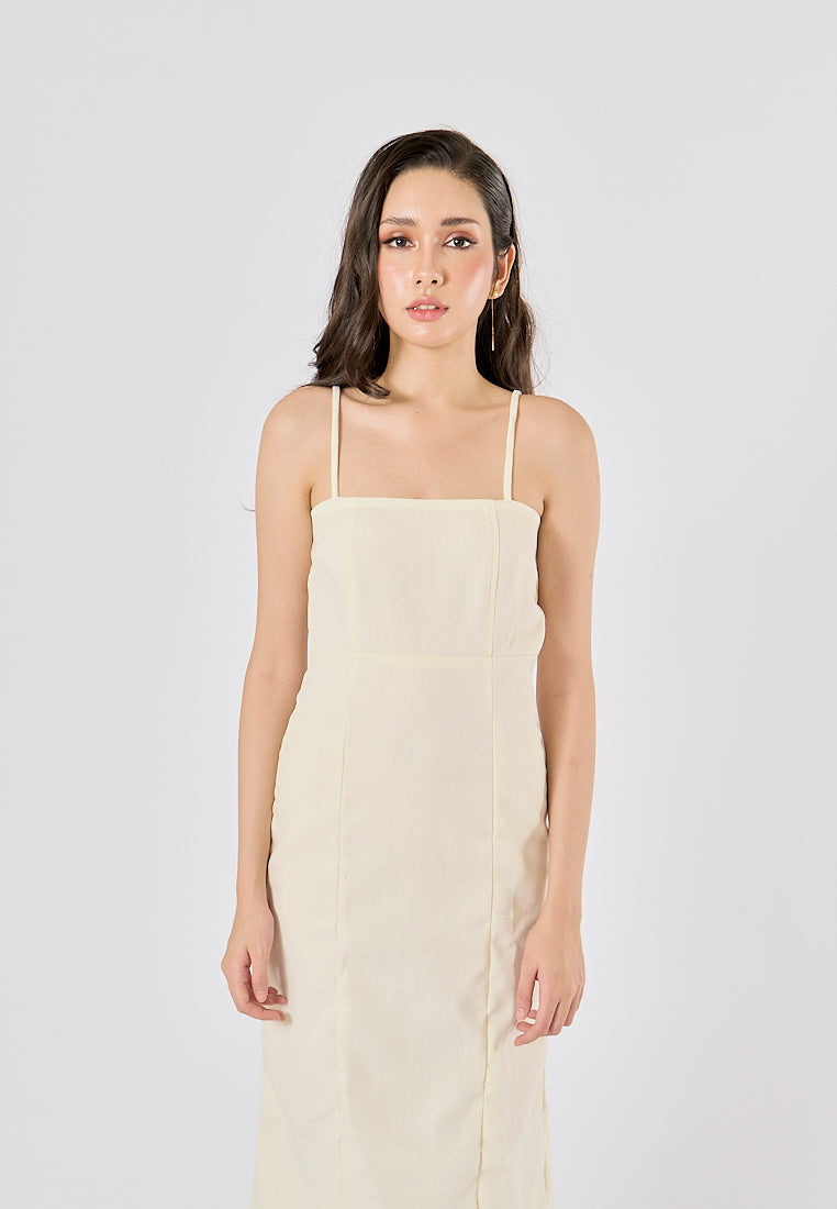 Fava Pastel Yellow Square Neck Thin Strap Midi Dress