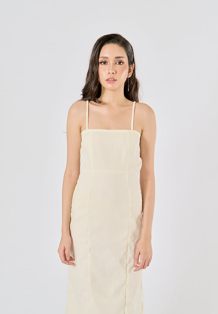Fava Pastel Yellow Square Neck Thin Strap Midi Dress
