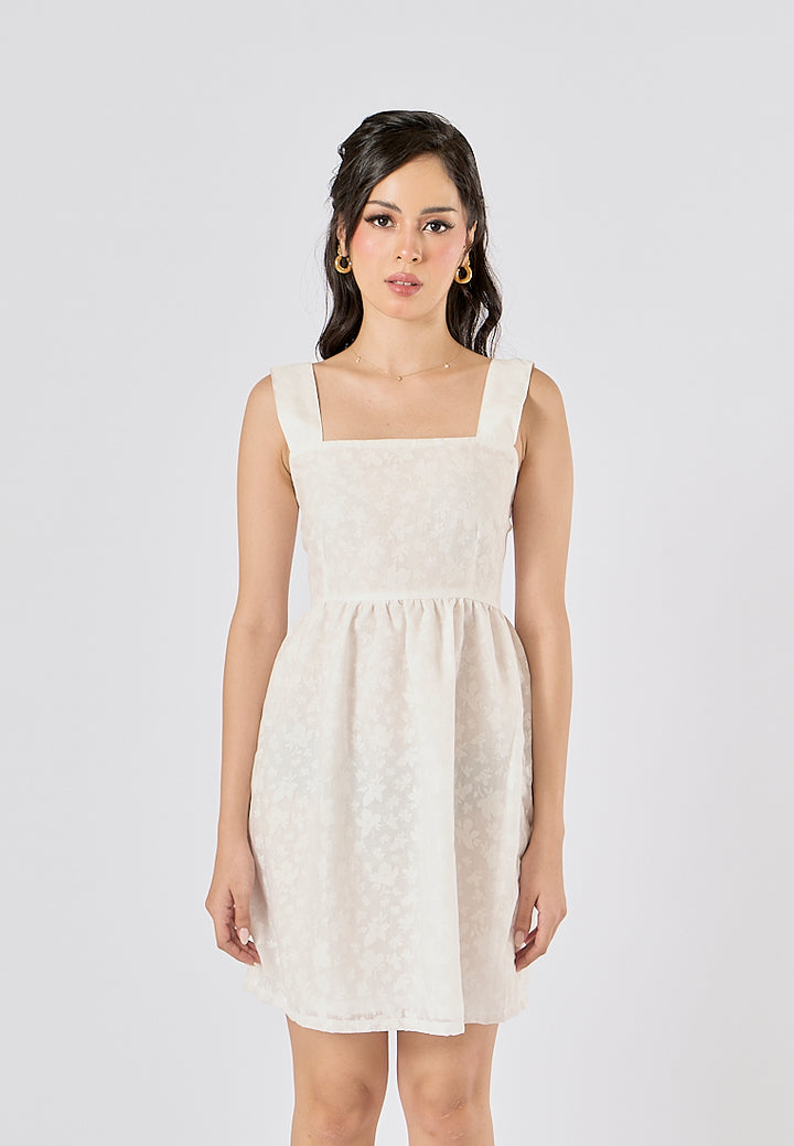 Velour White Floral Print Square Neck Mini Dress