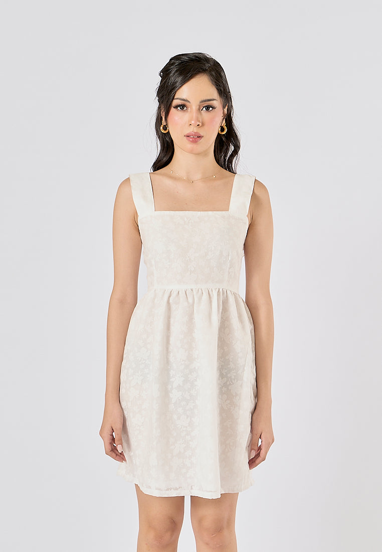 Velour White Floral Print Square Neck Mini Dress