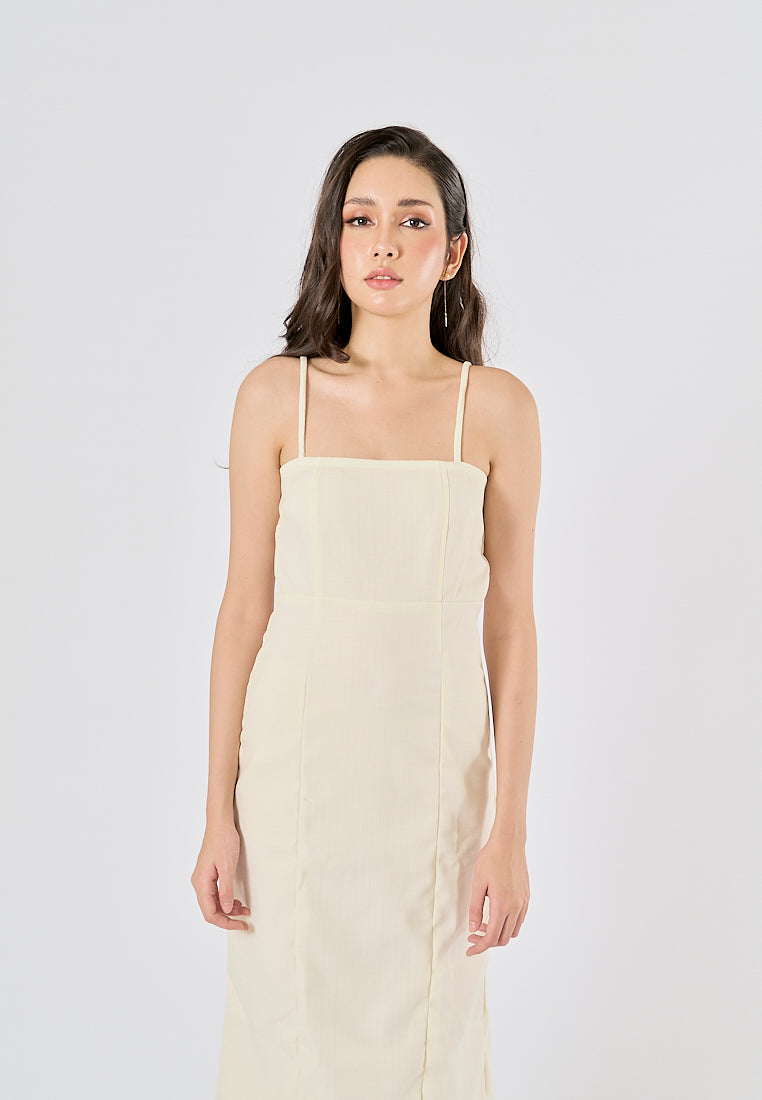 Fava Pastel Yellow Square Neck Thin Strap Midi Dress