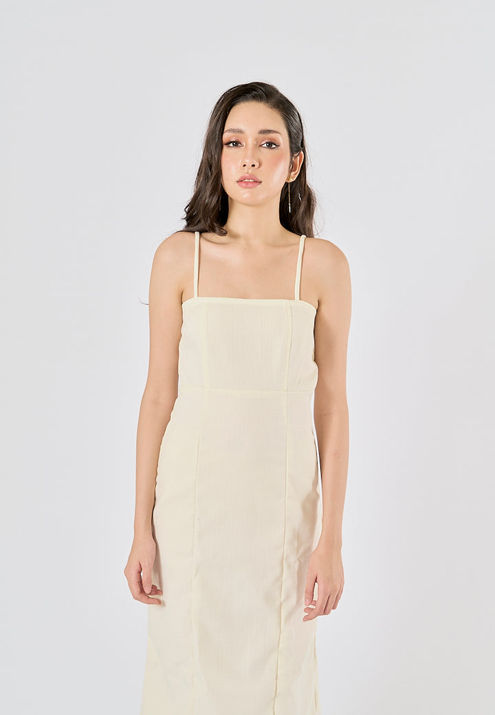 Fava Pastel Yellow Square Neck Thin Strap Midi Dress