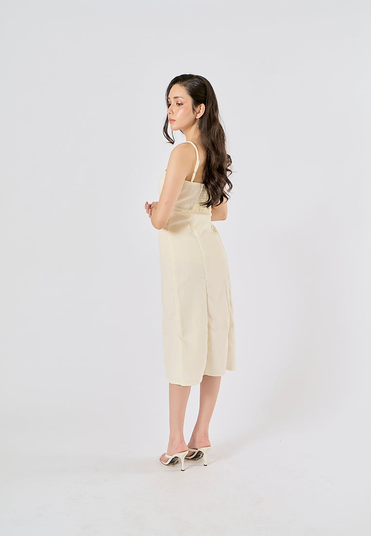 Fava Pastel Yellow Square Neck Thin Strap Midi Dress