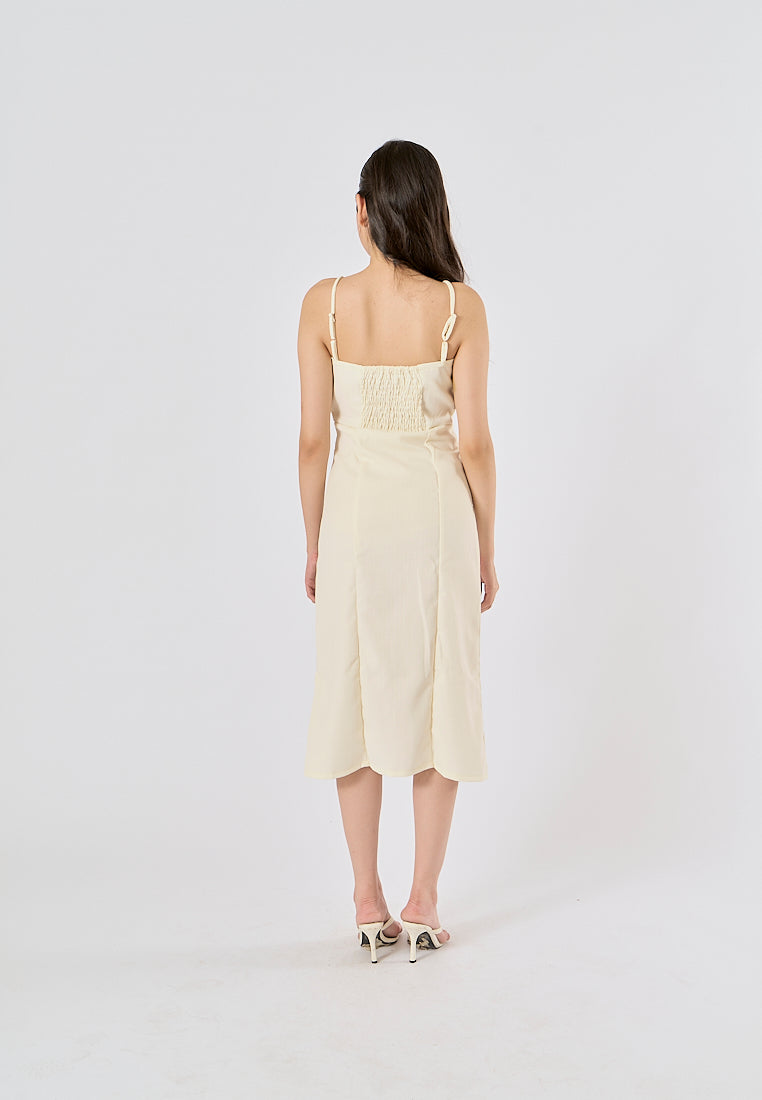 Fava Pastel Yellow Square Neck Thin Strap Midi Dress
