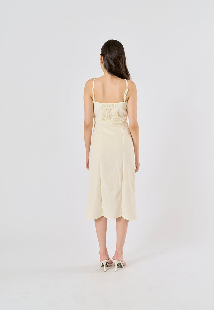 Fava Pastel Yellow Square Neck Thin Strap Midi Dress