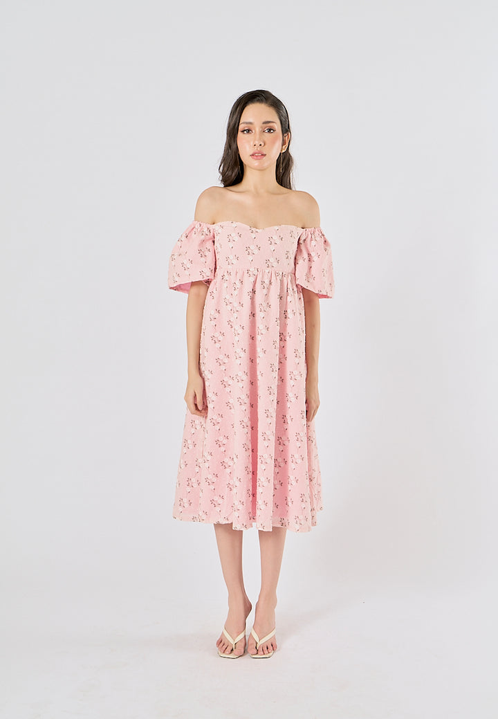 Kalina Pink Swiss Dot Petal Sleeves Smocked Back Midi Dress