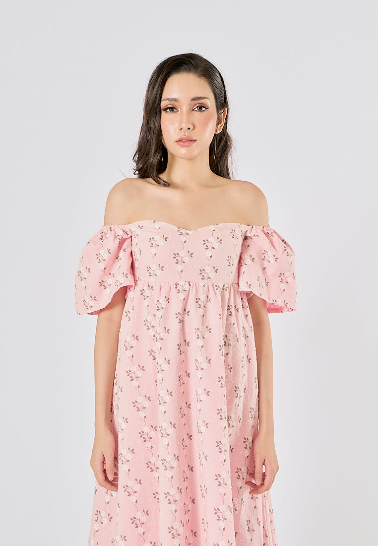 Kalina Pink Swiss Dot Petal Sleeves Smocked Back Midi Dress