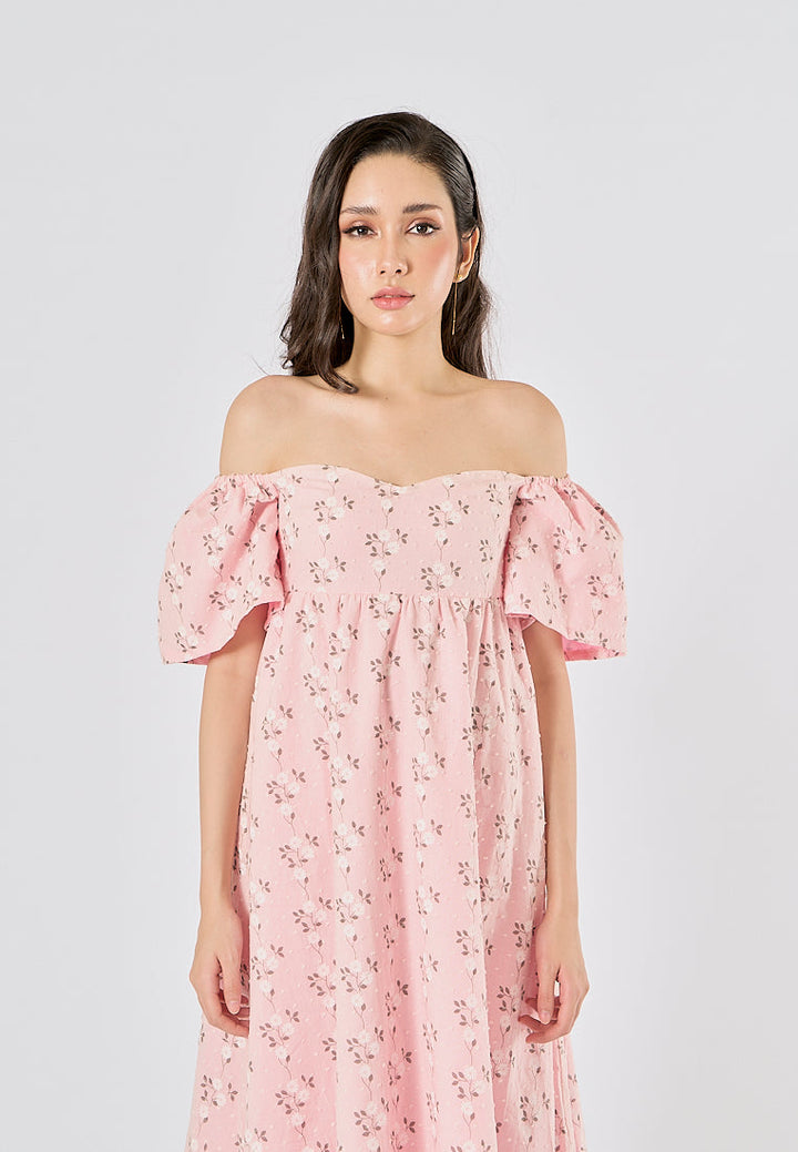 Kalina Pink Swiss Dot Petal Sleeves Smocked Back Midi Dress