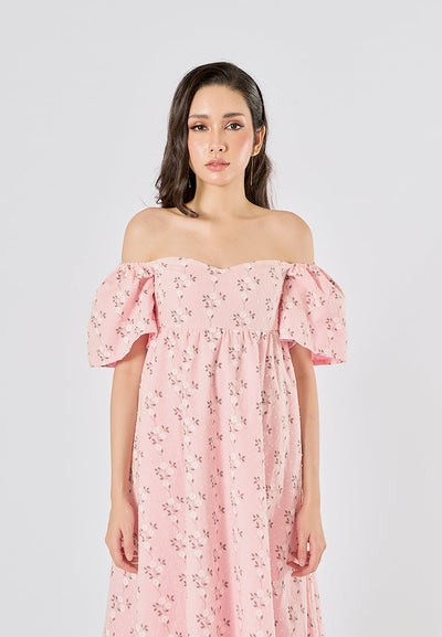 Kalina Pink Swiss Dot Petal Sleeves Smocked Back Midi Dress