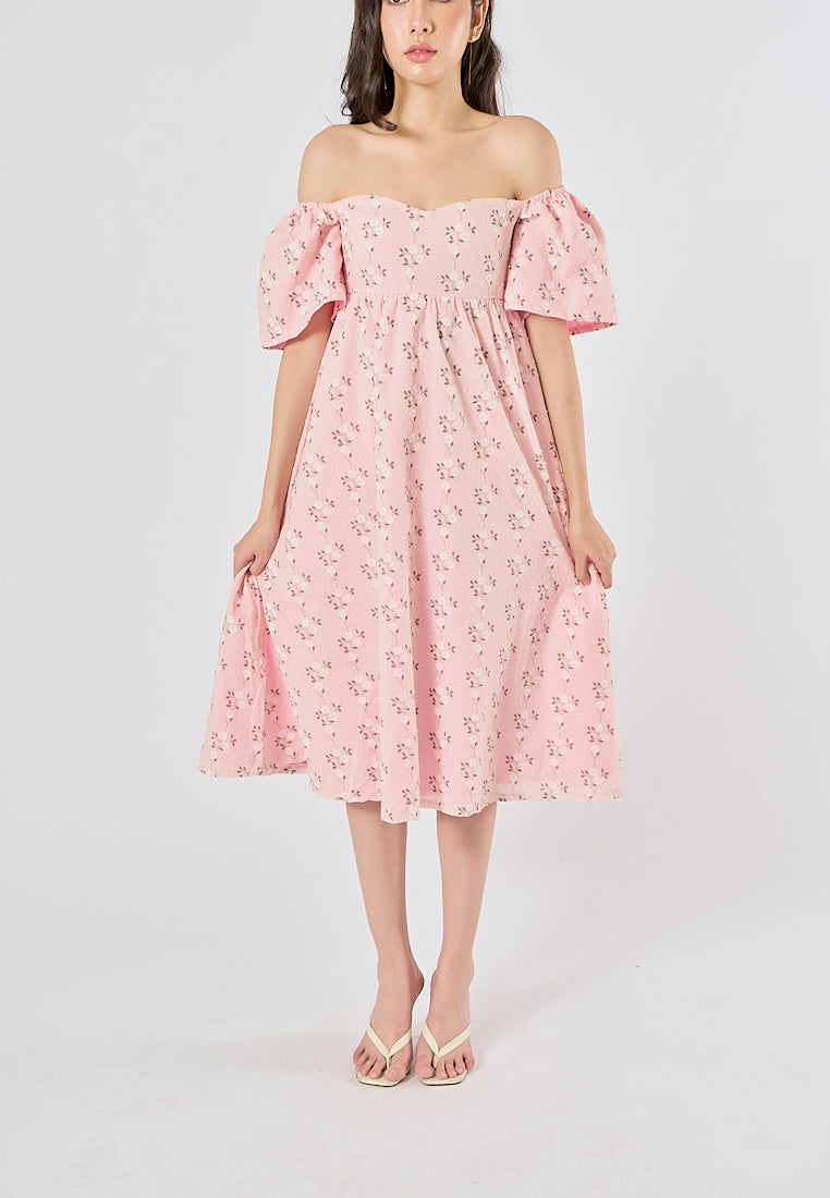 Kalina Pink Swiss Dot Petal Sleeves Smocked Back Midi Dress