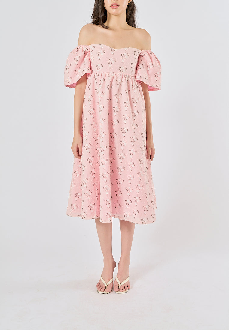 Kalina Pink Swiss Dot Petal Sleeves Smocked Back Midi Dress