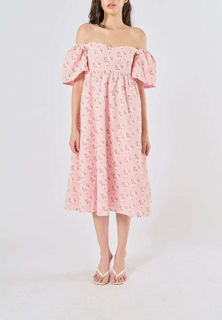 Kalina Pink Swiss Dot Petal Sleeves Smocked Back Midi Dress