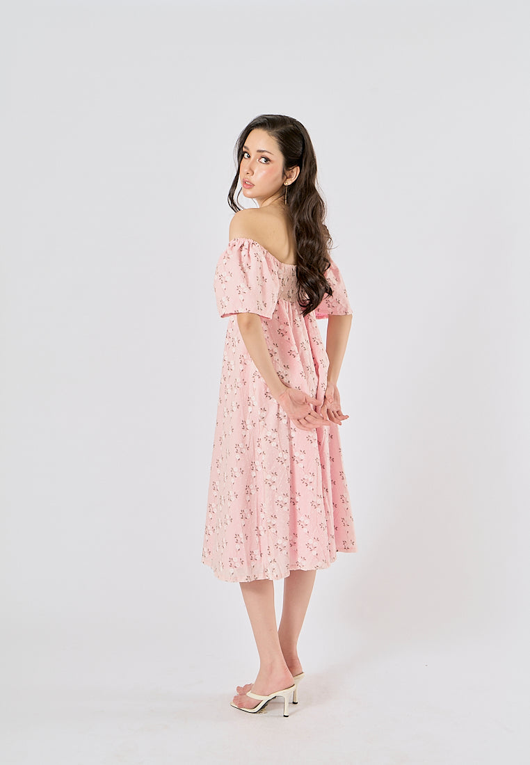 Kalina Pink Swiss Dot Petal Sleeves Smocked Back Midi Dress