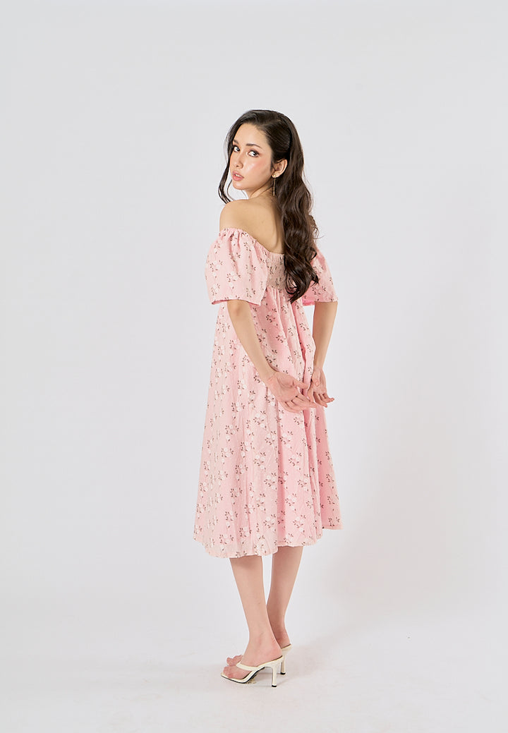 Kalina Pink Swiss Dot Petal Sleeves Smocked Back Midi Dress