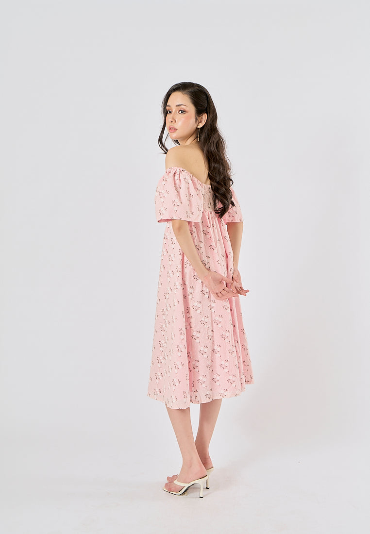 Kalina Pink Swiss Dot Petal Sleeves Smocked Back Midi Dress