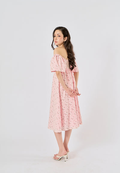 Kalina Pink Swiss Dot Petal Sleeves Smocked Back Midi Dress