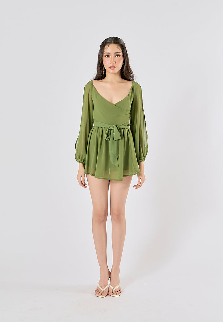 Torry Green Chiffon Hollow Balloon Sleeve Mini Dress