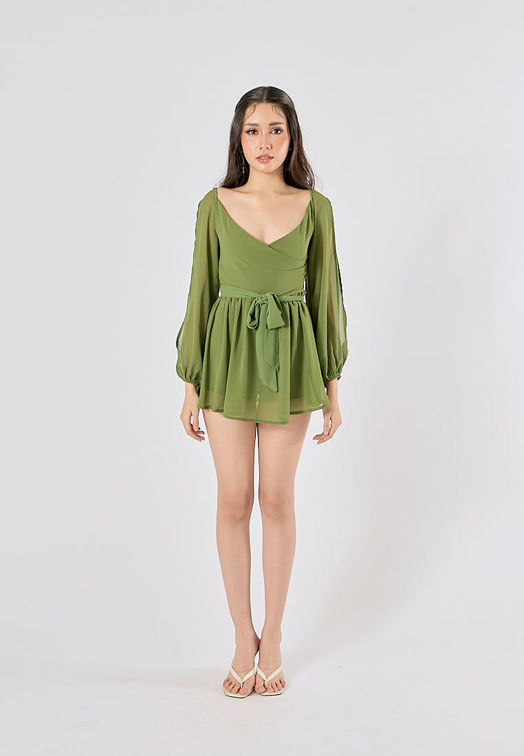 Torry Green Chiffon Hollow Balloon Sleeve Mini Dress