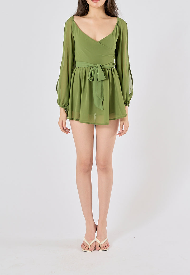 Torry Green Chiffon Hollow Balloon Sleeve Mini Dress
