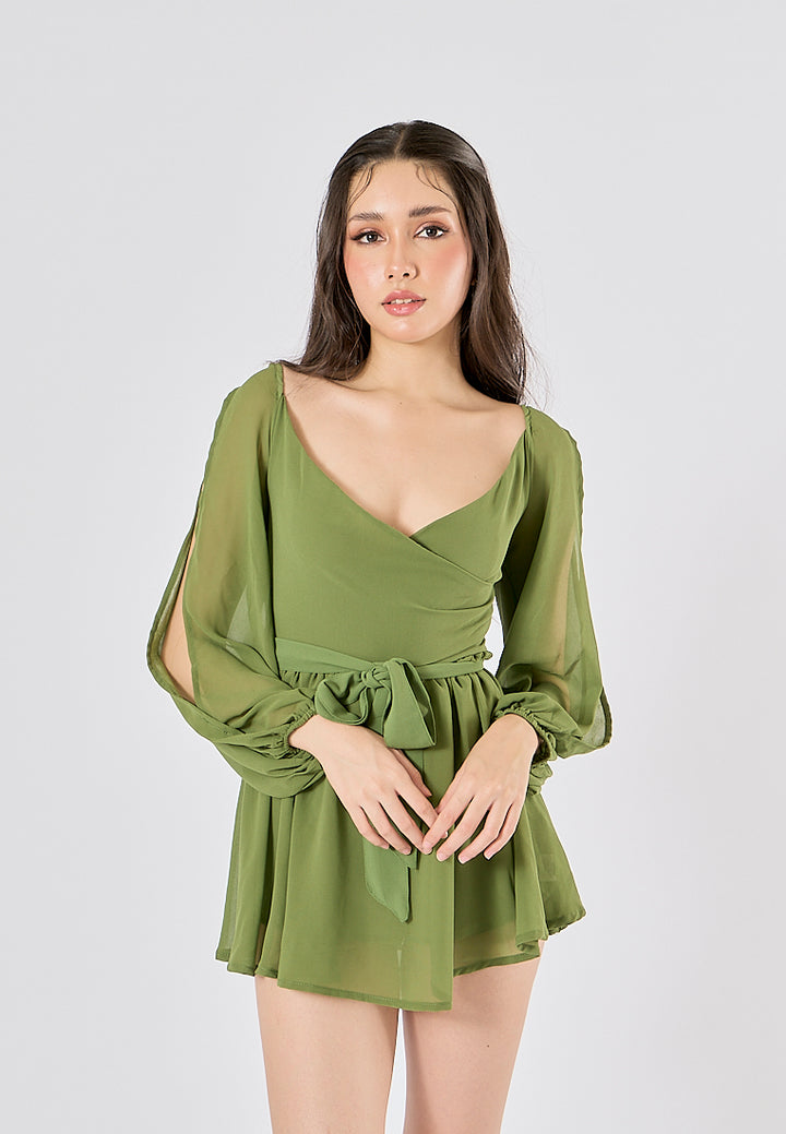 Torry Green Chiffon Hollow Balloon Sleeve Mini Dress