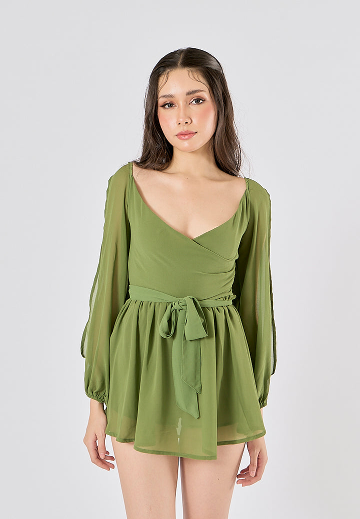 Torry Green Chiffon Hollow Balloon Sleeve Mini Dress