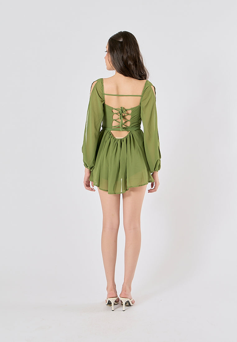Torry Green Chiffon Hollow Balloon Sleeve Mini Dress